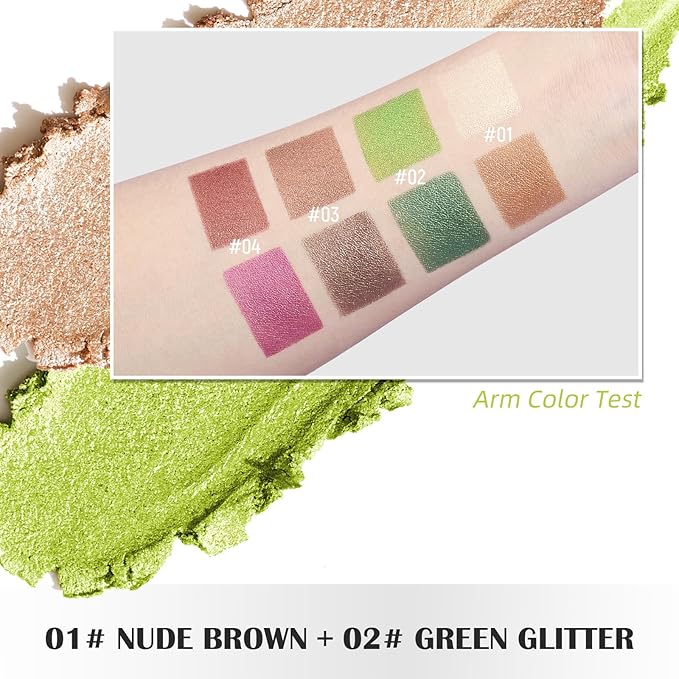 2Pcs Green Glitter Eyeshadow Palette, Brown Double Colors Sparkling Eye Shadow Palette, High Pigment Single Eyeshadow, Blendable & Smooth Eye Makeup for Women, Nude Brown & Green Glitter