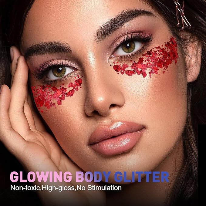 40 Colors Body Glitter, Mardi Gras Accessories Hair Glitter for Kids Women Glow in The Dark, Eyeshadow Face Sparkles, Makeup Festivals, Raves, Anime Cosplay, Concerts Face Paint Valentines Day Gifts