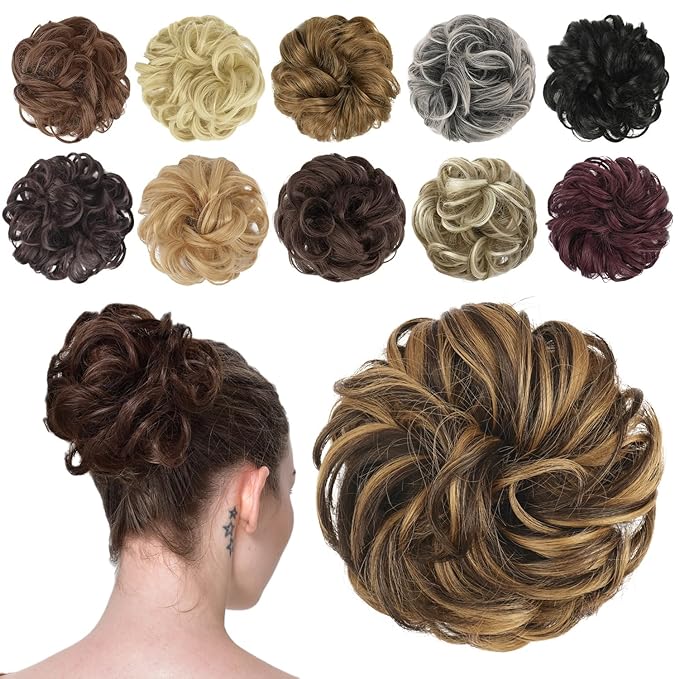 FESHFEN Messy Bun Hair Piece - Elastic Wavy Curly Hair Bun Scrunchies Extensions Synthetic Chignon Hairpieces for Women Girls, Brown Highlighted Caramel Blonde 1.5 oz