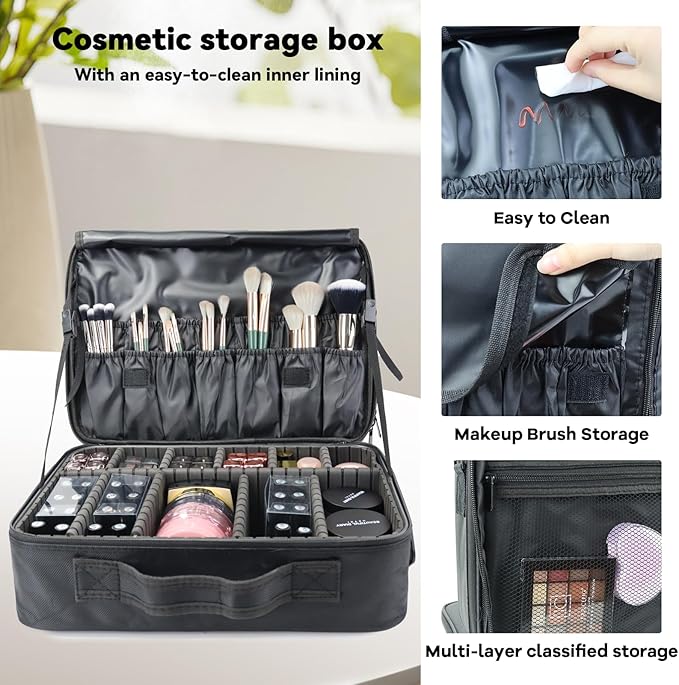 SLUMAZI Travel Makeup Bag Makeup Cosmetic Train Case Organizer Portable Storage Bag with Adjustable Dividers for Cosmetics Makeup Brushes Toiletry Jewelry Black Medium