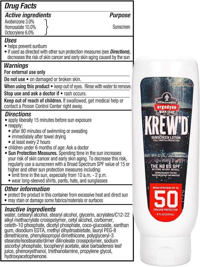 Ergodyne KREW'D 6351 Sunscreen Lotion, Broad Spectrum, SPF 50, 8 oz, 12-Pack