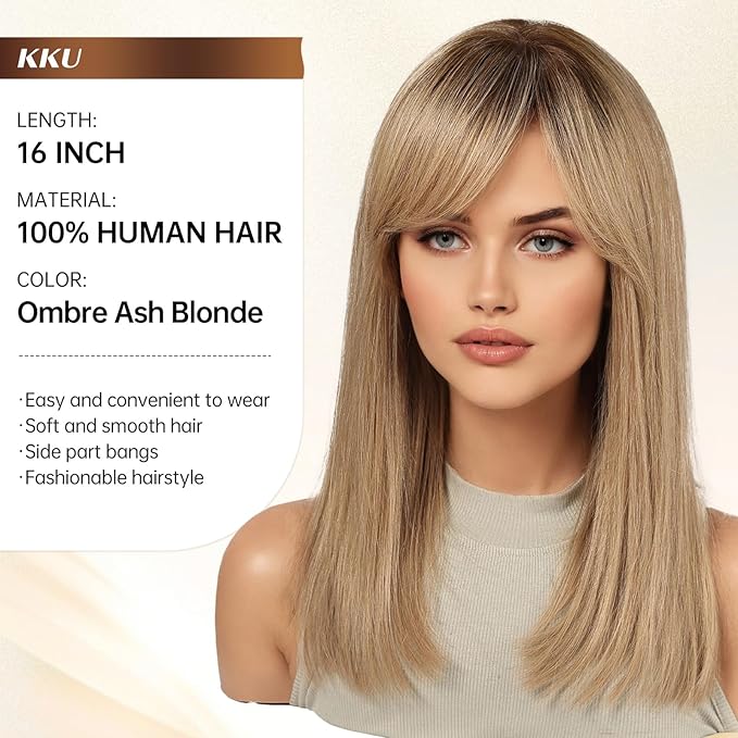 KKU 16 Inch Ombre Ash Blonde Human Hair Wigs for Women,Layered Straight Hair Wig with Bangs,Wear Natural Realism