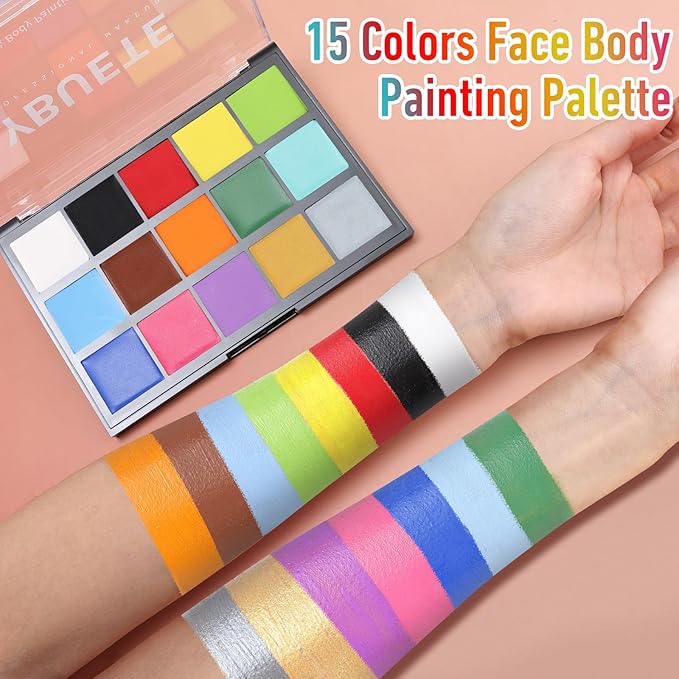 15 Colors Face Body Painting Palette, Washable Oil Based Face Paint for Women, Adults, Professional Makeup for SFX Costume Makeup, Halloween Cosplay Parties, Festival Decorations (1.32 oz)