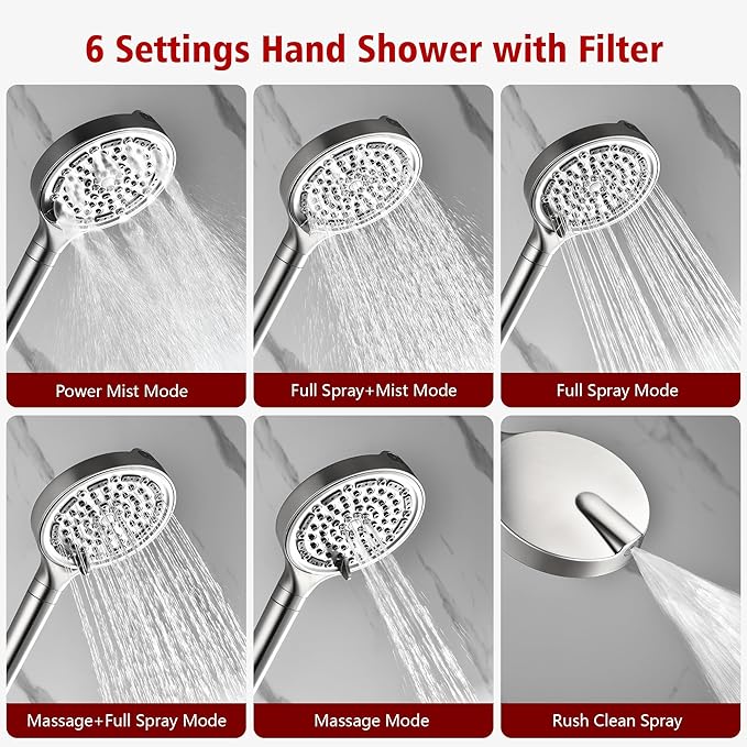 SUMERAIN Brushed Nickel Rainfall Shower System with 6-Spray Handheld Filtered Shower Head, Shower Faucet Complete with Rough in Valve
