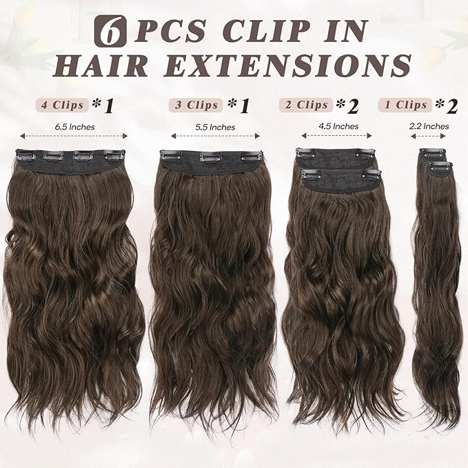 BARSDAR Brown Clip in Hair Extensions - 6PCs Beach Wavy Brown Clip in Hair Extensions for Women - 20 Inch Thick Soft Synthetic Clips on Hairpieces Easy Wear Daily Party Halloween