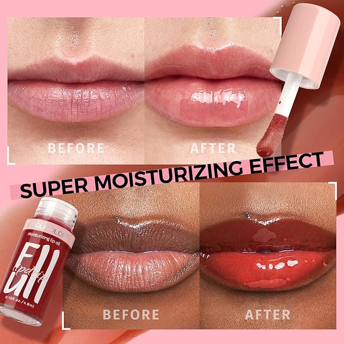 Lip Glow Oil Hydrating 6 Colors, Moisturizing & Nourishing Plumping Tinted for Dry Lips, Vegan, Lip Plumper Gloss Make Lips Fuller (#13, 4.8ml)