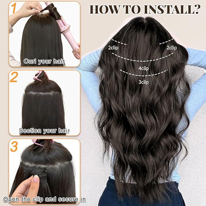 ALXNAN Clip in Long Wavy Synthetic Hair Extension 24 Inch Beach Blonde 4PCS Thick Hairpieces Fiber Double Weft Hair for Women