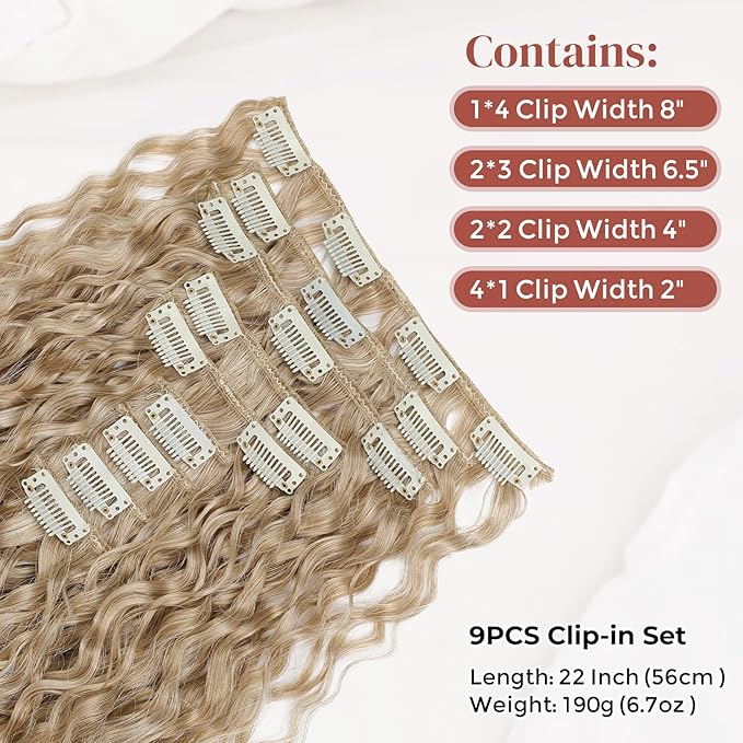 LONAI Hair Extension,9PCS Brown 22" Curly Clip in Hair Extensions LN002 Long Soft Thick Synthetic Hairpieces for Women-Blonde to Light Blonde