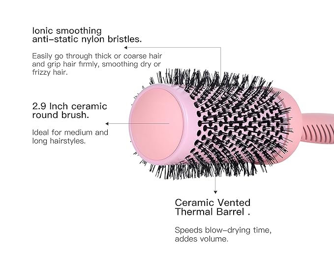 PERFEHAIR Large Ceramic Round Brush for Blow Drying, 2.9 Inch Professional Ion Thermal Barrel Hairbrush for Women Styling, Blowout,Curling, Smoothing, Medium to Long Wavy or Curly Hair -Pink
