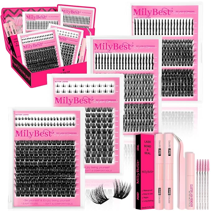 MilyBest Lash Clusters Kit 808Pcs Fluffy Eyelash Clusters D Curl Bottom Lashes Clusters 4 Styles Lash Kit with Spikes DIY Individual Eyelashes Glue Wispy Cluster Eyelash Extensions Kit De Pestañas