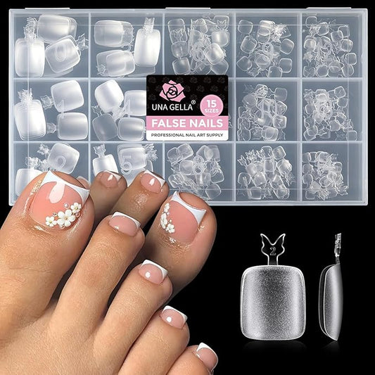 UNA GELLA Toe Nail Tips 312 Pcs Square Round Full Cover Fake Toe Nails Press On Clear 15 Sizes Pre-shape Soft Gel Toe Nail Tips Double Matte Acrylic Toenails for Nail Extensions DIY Home Nail Salon