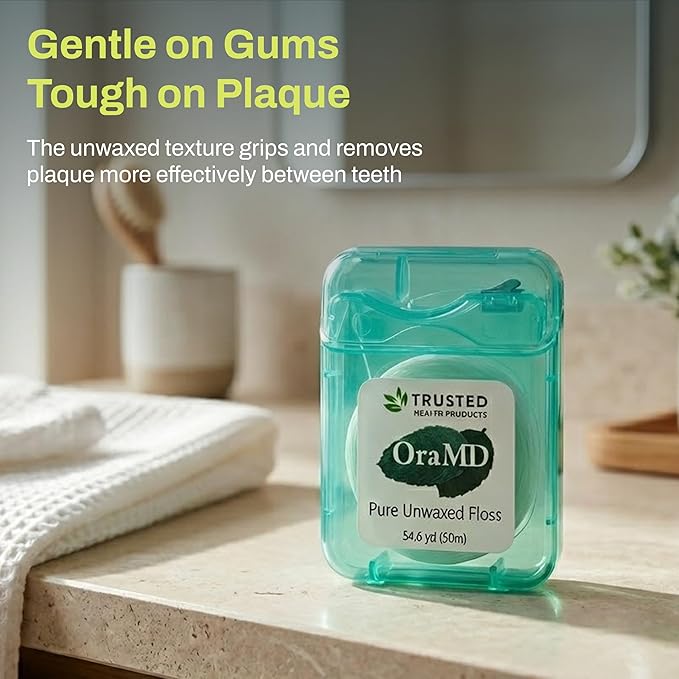 OraMD Oral Care Pure Unwaxed Dental Floss 54.6 Yards - PFAS-Free, Chemical Free, Shred Resistant - Unscented and Ultraclean Plaque Removal - Teeth and Gum Protection for Adults - Pack of 6