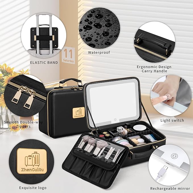 Gdsshuhung Makeup Bag with LED Mirror & Magnifier, Large Cosmetic Organizer Travel Makeup Case with Adjustable Brightness & 6 Detachable Dividers, Portable Makeup Storage for Women Girls (Black)