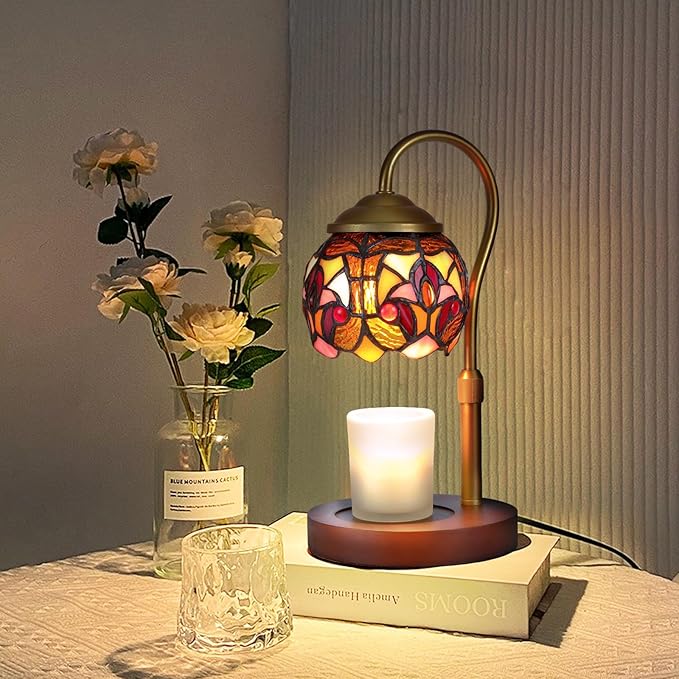Baroque Tiffany Style Candle Warmer Lamp,Handcrafted Stained Glass Home Decor with LED Bulb,Flameless Wax Melter for Living Room, Bedroom, Housewarming Gifts. (Baroque)
