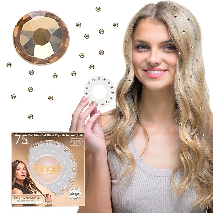 blinger® Shimmer Crystal Refill Pack – as seen on Shark Tank | 5 Discs – 75 Precision-Cut Glass Crystals | Hair-Safe Accessories | Styling Tool Not Included| Golden Honey 5 mm
