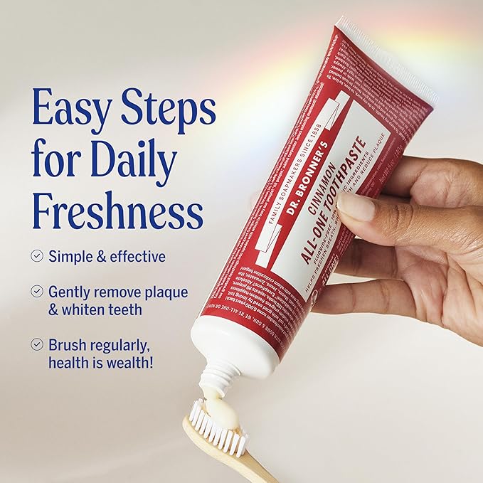 Dr. Bronner’s All-One Toothpaste– Cinnamon, 5 oz, 3-Pack– Fluoride-Free Toothpaste for Adults, SLS-Free, 70% Organic & Natural Ingredients, Vegan, Helps Freshen Breath, Reduce Plaque, Whiten Teeth