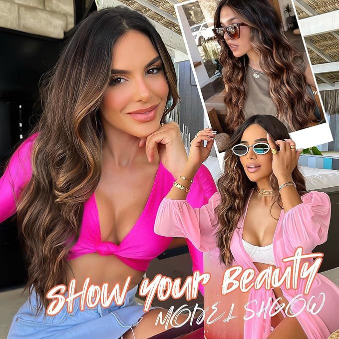 AISI HAIR Long Wavy Brown with Blonde Highlight Lace Hairline Wigs for Women, Middle Part Synthetic Heat Resistant Wig for Daily Party-26 Inch