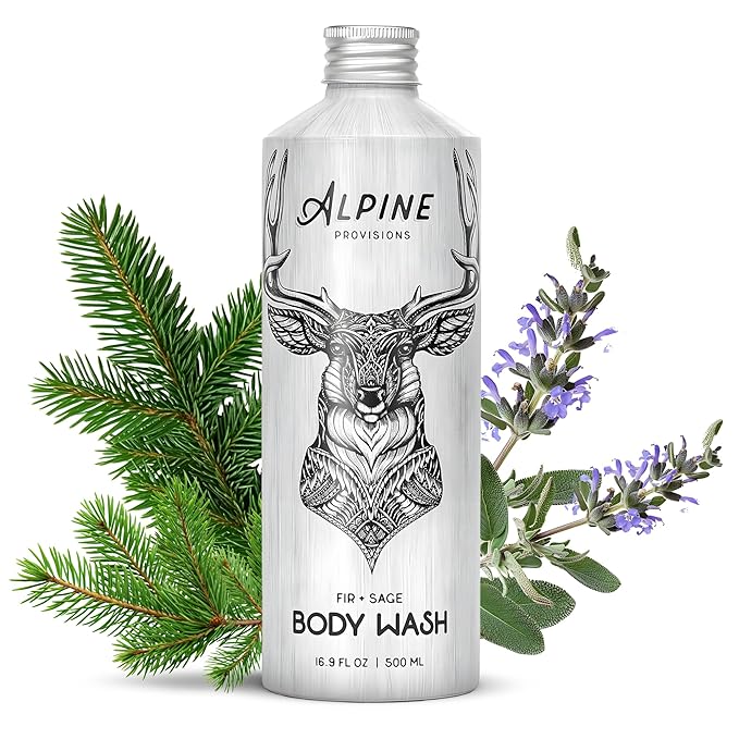 Alpine Provisions Natural & Organic Body Wash with Fir & Sage – Moisturizing Shower Gel with Aloe Vera, Coconut Oil & Essential Oils – Vegan, Sulfate-Free, Plastic-Free – 16.9 fl oz