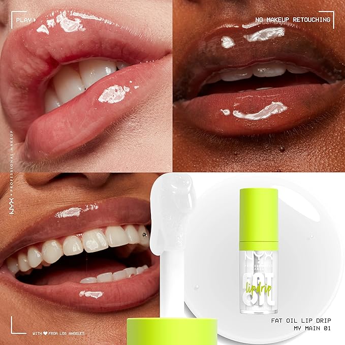 NYX PROFESSIONAL MAKEUP Fat Oil Lip Drip, Moisturizing Lip Oil Gloss, Vegan Tinted Formula, Up to 12 HR Hydration - My Main (Clear)
