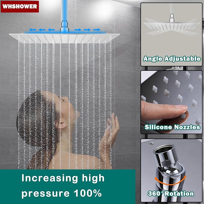 WHSHOWER Digital Display Shower Faucet Set With 12 Inch Rainfall Shower Head,Brass Handheld Sprayer And 6pcs Body Jets,Full Body Shower System (Polished Chrome)