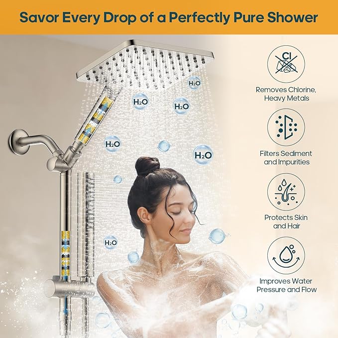 Hombeter Filtered Shower Head with Handheld Spray Combo High Pressure Rain Shower Head Dual Shower Head with Filters - Removes Chlorine Height Adjustable & Built-in Power Wash (Brushed Nickel)