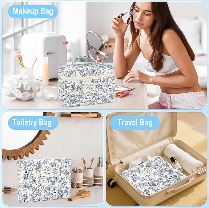 URSKYTOUS 2Pcs Cotton Quilted Makeup Bag for Women Girls Floral Travel Large Small Cosmetic Bag Set Cute Vintage Flower Makeup Pouch Portable Toiletry Bag Organizer Coquette Aesthetic Makeup Brush Bag