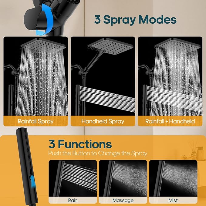 Hombeter Shower Heads with Handheld Combo, 10 Inch High Pressure Rain Shower Head, Height Adjustable Dual 2 in 1 Shower Head System with Stainless Steel Hose, Matte Black