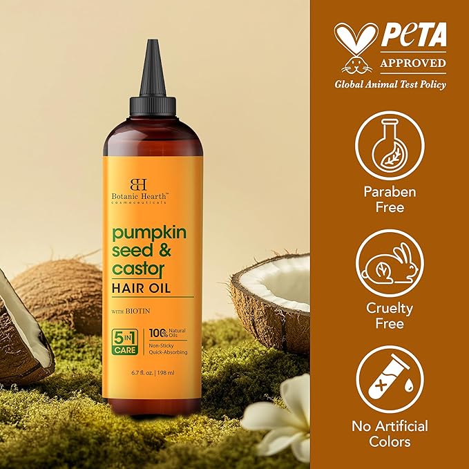 Botanic Hearth Hair Oil for Hair Growth & Home Hair Perm Kit | Strengthening Dry, Frizzy, Damaged Hair & Scalp Treatment | All Hair Types | Pumpkin & Castor Hair Oil - 6.7 Fl Oz