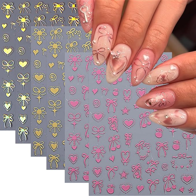 6 Sheets Heart Bow Tie Nail Art Stickers Decals 3D Self-Adhesive Bow Cherry Pegatinas Uñas Gold Pink Laser Hollow Heart Nail Supplies Y2K Star Heart Nail Art Design Decoration Accessories for Women