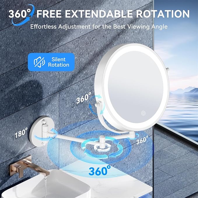 9'' 30X/1X Wall Mounted Lighted Makeup Mirror, 5000mAh Rechargeable Double-Sided Magnifying Mirror with Light, Vanity Mirror Touch Dimmable 3 Colors 360° Rotation Extended Foldable Arm, Power Adapter