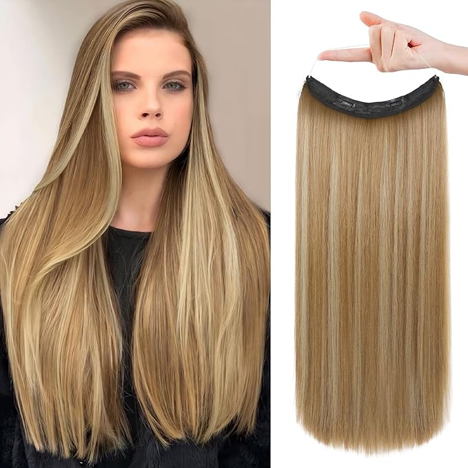 REECHO Invisible Wire Hair Extensions with Transparent Headband Adjustable Size Removable Secure Clips in Straight Secret Hairpiece for Women - 16 Inch,Light Brown with Highlights