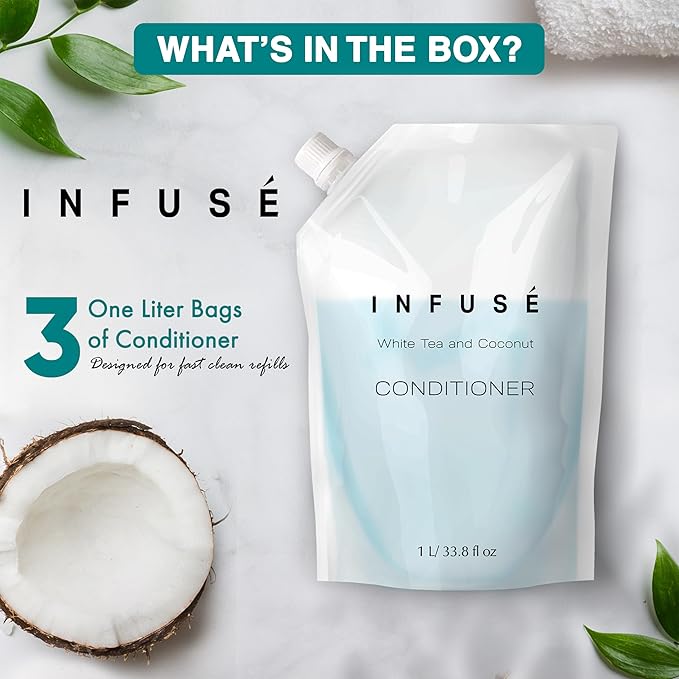 INFUSÉ 1 Liter Conditioner Refill Bag For Soap Dispensers | Bulk Toiletries for Vacation Rentals, and Home Bathroom Showers | White Tea and Coconut | Set of 3