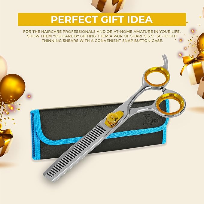 SHARF Gold Touch Barber 6.5 Inch, 30-Tooth, Professional Thinning Shears 440c Japanese Stainless Steel Barber Scissors for Men and Women