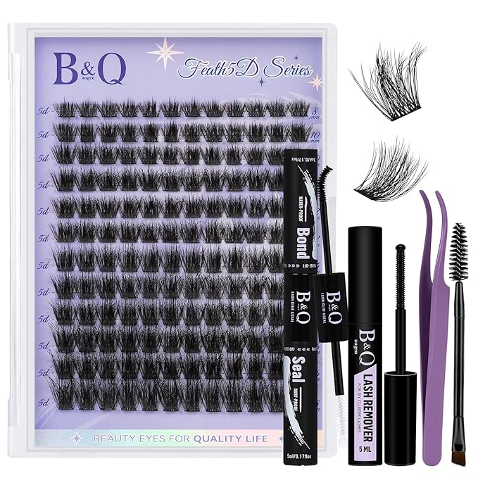 B&Q Lash Clusters Kit Wispy Fluffy - Feath5D 08 Eyelash Clusters Kit with Glue & Tools, Feathered Lightweight Lash Kit, 8-18mm C Curl Waterproof False Lashes