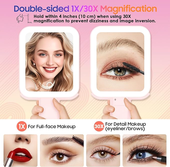 Magnifying Travel Mirror with Light, 30X/1X Double-Sided Magnifying Mirror with 3 Color Lights, Brightness Adjustable, Foldable Handheld Makeup Mirrors Portable for Travel and Desktop Use