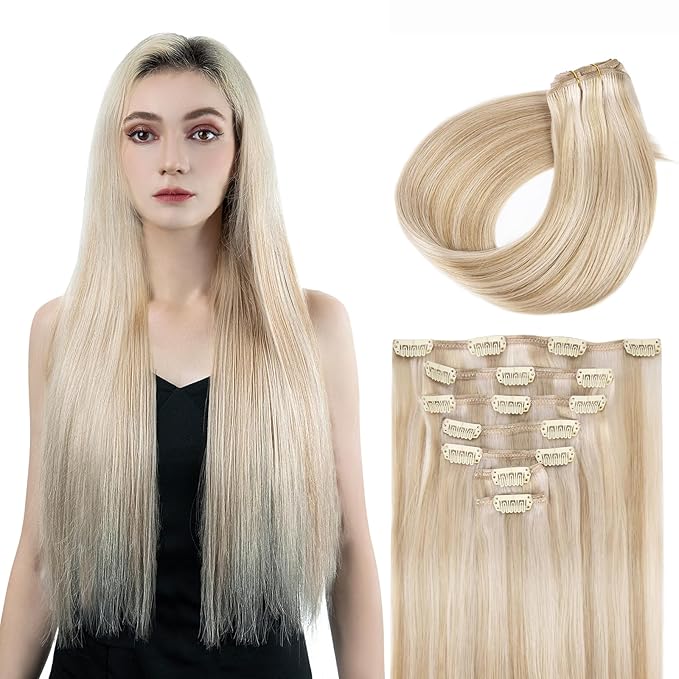 Clip in Hair Extensions Real Human Hair, 100% Remy Hair Extensions Clip Ins, Dark Blonde Highlighted Bleach Blonde Hair Extension for Women, #P18A/613A 22Inch 120G 7PCS