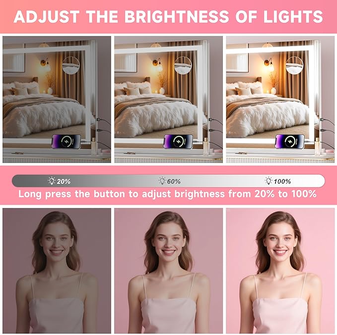 Vanity Mirror with Lights, 23" x 18" LED Makeup Mirror with 10X Magnification, Dimmable 3 Modes, Memory Function, Smart Touch, USB Charging Port, Lighted Makeup Mirror Square White