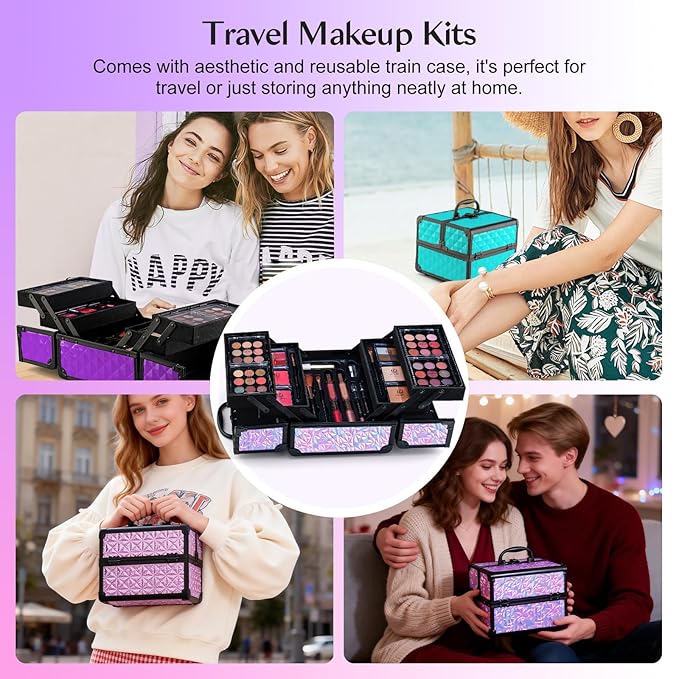 Color Nymph All In One Makeup Kit Comestics Gifts for Girls Teens, Travel Makeup Set 4 Trays Train Case for Beginner Includes Eyeshadow Highlighter Lipgloss Blush Concealer Brush Eyeliner Lipbalm