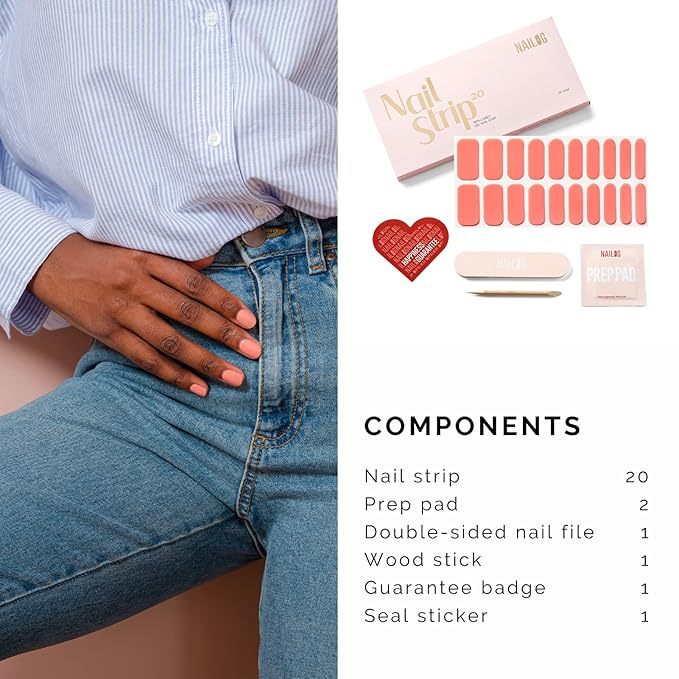 NAILOG Semi Cured Gel Nail Strips (20 Extra Long Stickers/Wraps) | Glossy & Long Lasting Soft Gel Finishing, Coral