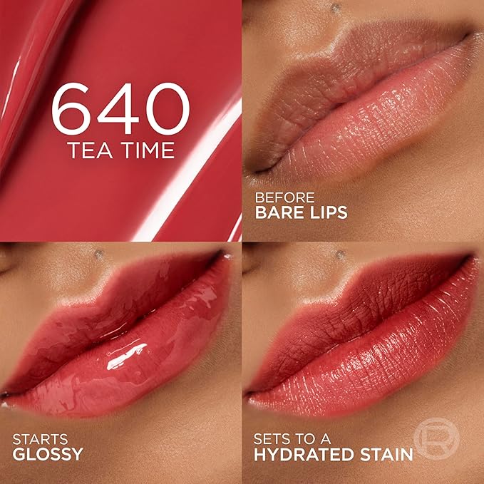 L'Oreal Paris Hyaluron Tint Lip Stain Serum, Long Lasting, Hydrating Lip Makeup Infused with Hyaluronic Acid, 640 Tea Time (Corally Brown Nude)