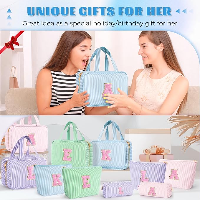 Fystdtote Birthday Gifts for Her - Personalized Friend Gifts - 3 Pieces Toiletry Bag Makeup Bag Cosmetic Bags for Women Travel Wedding Bridesmaid Gifts Teacher Gifts for Women - Blue H