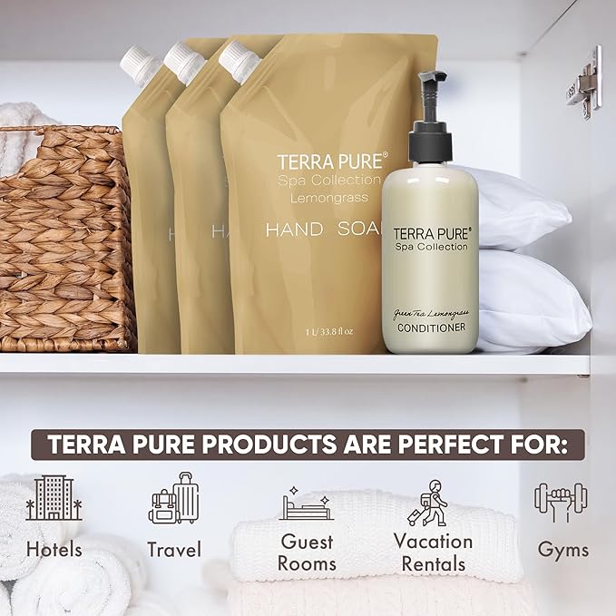 Terra Pure Spa Collection 1 Liter Body Wash Refill Bag For Soap Dispensers | Bulk Toiletries for Vacation Rentals, and Home Bathroom Showers | Green Tea Lemongrass | Set of 3