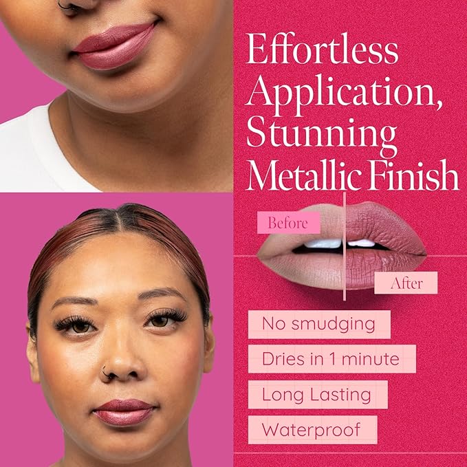 Aromi Dusty Rose Metallic Liquid Lipstick | Rosy Pink Chestnut Lip Color with Shimmery Finish, Vegan, Cruelty-free, Long-lasting, Waterproof (Alpine Bloom)