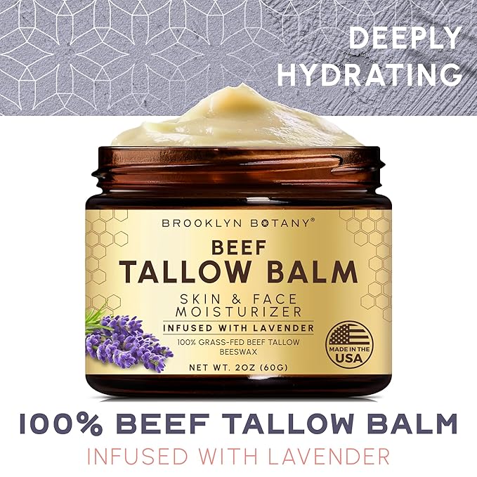 Brooklyn Botany Beef Tallow Balm – Grass Fed Beef Tallow for Skin and Face – Nourishing Face Moisturizer Infused with Lavender – 2 oz