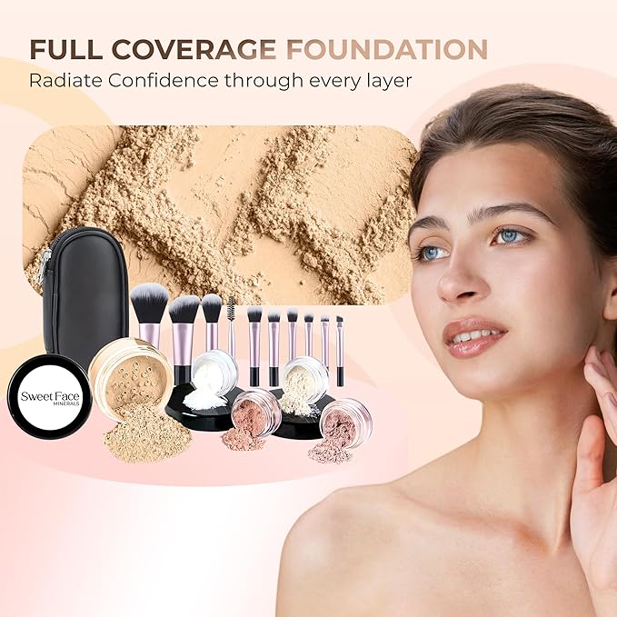 16pc Beginner Mineral Makeup STARTER KIT with 10 BRUSH SET (5gm) Sample Size Foundation, Primer, Blush, Bronzer, Setting Powder for Learning, Occasional Use & First Time Users, Travel Size Kit (Warm)