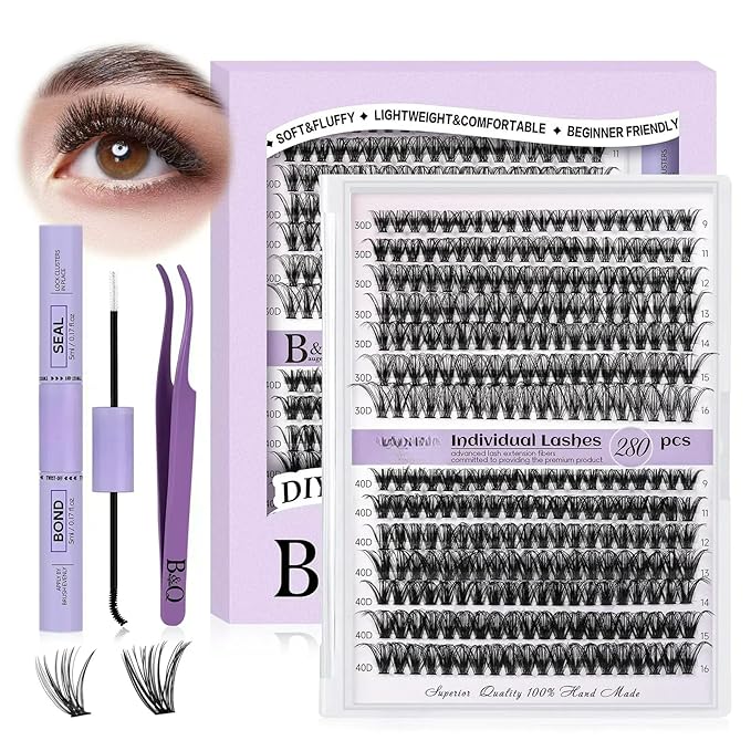 B&Qaugen DIY Lash Extension Kit 280pcs Individual Lashes Cluster 30+40D C Curl Eyelash Extension Kit with Bond and Seal and Applicator Tool for Self Application (Set,30D+40D-C-9-16MIX)