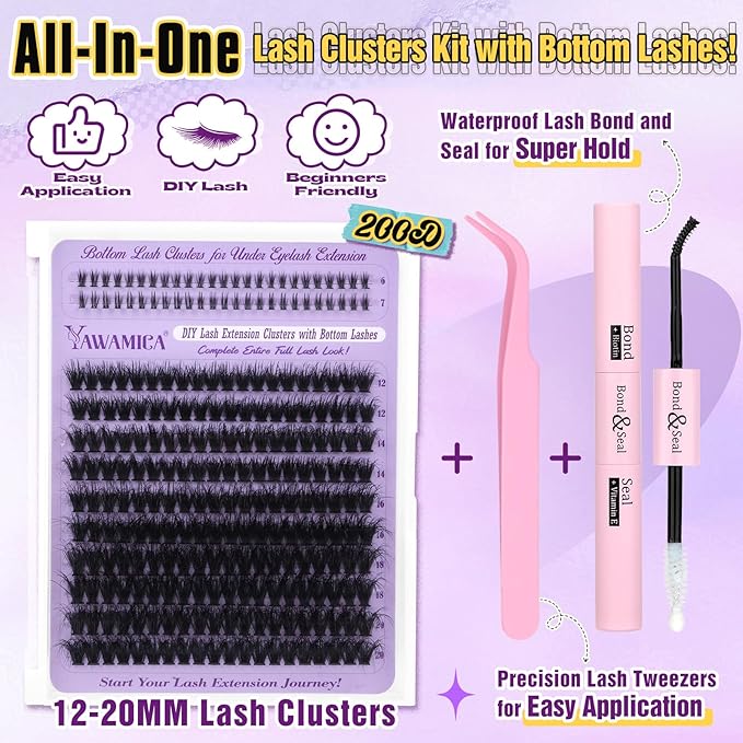 Yawmaica Lash Clusters Kit with Bottom Lashes Wispy Eyelash Extension Kit 200D Volume Eyelash Clusters 12-20mm D Curly Individual Lashes DIY Lash Extension Kit with Lash Bond and Seal Lash Tweezers