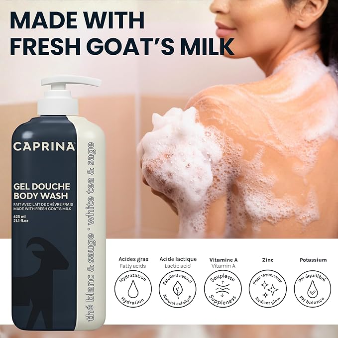 Caprina Fresh Goat’s Milk Body Wash, WHITE TEA & SAGE Formula, 625 ml, Moisturizing Cleanser for Normal Skin, Gentle Daily Hydration