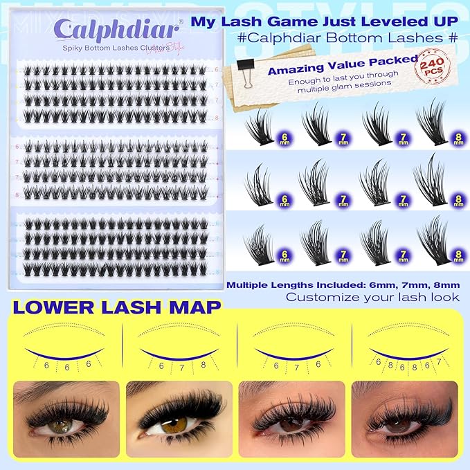 Spiky Bottom Lashes Individual Thick Volume Bottom Lash Clusters Manga Lower Eyelash Extensions 6-8MM Wispy Bottom Cluster Lashes 240pcs DIY Bottom Lash Extension at Home by calphdiar