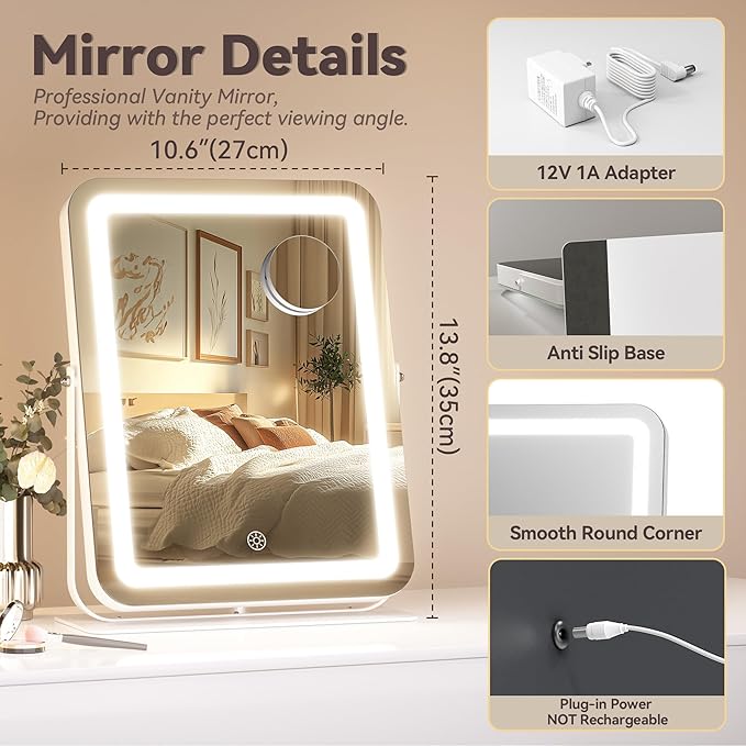 Hasipu Makeup Vanity Mirror with Lights, 11" L x 14" W LED Tabletop Make up Mirror for Desk, Lighting & Brightness Adjustment, 360°Rotation, 10x Magnification